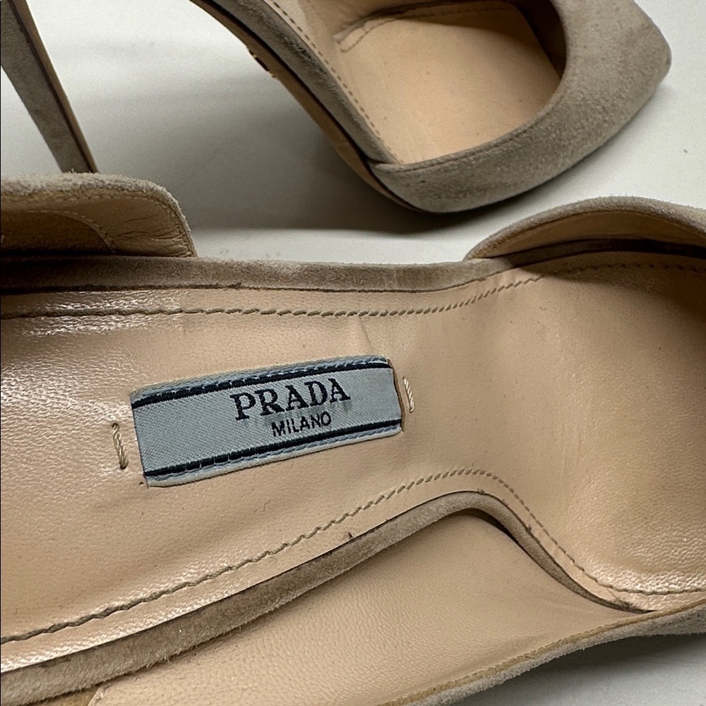 Prada Heels Suede Ankle Adjustable Strap Peep Toe High Heel Shoes Tan Cream 37.5 - Picture 6 of 11